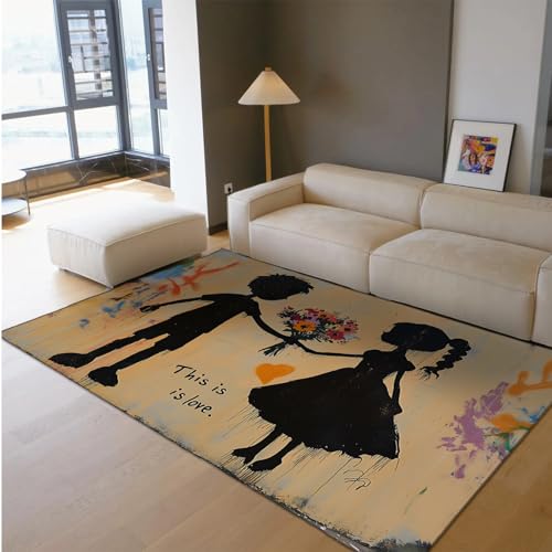HOBBOY Romantisches Paar Bereich Teppiche Junge und Mädchen Lebendige Blumen Graffiti Teppich für Wohnzimmer Nachttisch Klassenzimmer rutschfeste dünne Bodenmatte 210 x 240 cm von HOBBOY