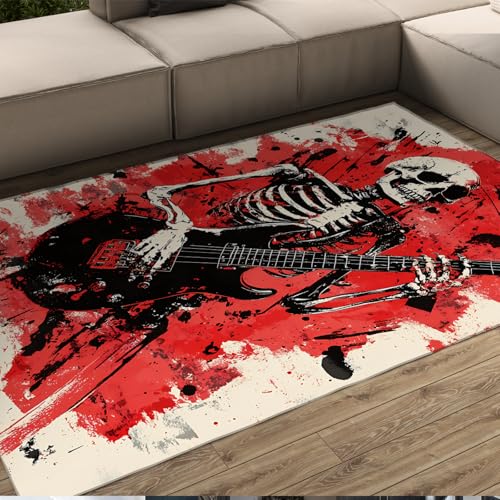 HOBBOY Rot und Schwarz Graffiti Bereich Teppiche Tinte Stil Musik Thema Gothic Skelett & Gitarre Muster Dünner Teppich für Wohnzimmer Küche 240 x 300 cm von HOBBOY