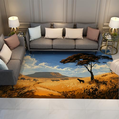 HOBBOY Rustikale Landschaft Teppiche 140 x 180 cm Golden Field Bäume Tierwelt Muster Throw Teppich Waschbar Weich niedrig Flor Wohnzimmer Schlafzimmer Büro von HOBBOY