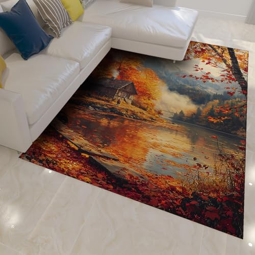 HOBBOY Rustikale Teppiche im Herbststil Scenic Cottage by Lake weicher niederfloriger Teppich für Wohnzimmer Schlafzimmer Büro 100 x 150 cm HOBBOY Rustikale Teppiche im Herbststil Scenic Cottage by Lake weicher niederfloriger Teppich für Wohnzimmer Schlafzimmer Büro 100 x 150 cm von HOBBOY
