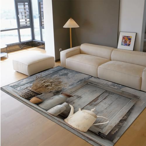HOBBOY Rustikaler Bauernhausteppich 150 x 210 cm Nostalgischer Stil getrocknete Blumensträuße und Gläser Drucke Türmatte für Wohnzimmer Schlafzimmer Terrasse niedriger Flor leicht zu reinigen von HOBBOY