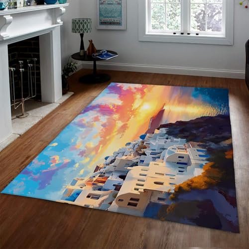 HOBBOY Santorini Island Scenic Area Teppich 120 x 180 cm Mediterraner Stil Küstenaufgang Teppich Dünne Bodenmatte für Schlafzimmer Esszimmer Cafe Bar von HOBBOY