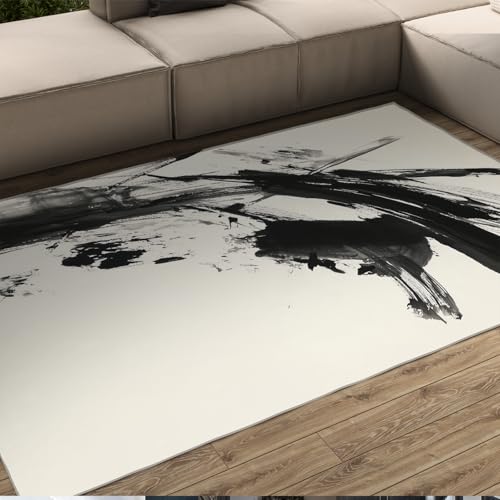 HOBBOY Schwarz-Weißer Abstrakter Teppich Moderner Pinselstrich Design Bodenteppich für Wohnzimmer Schlafzimmer Büro weiche niedrige Flor Türmatte 100 x 150 cm von HOBBOY