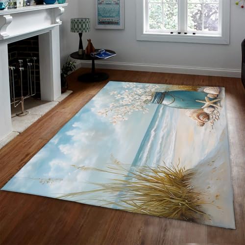 HOBBOY Seaside Urlaub Dekor Bereich Teppiche Muscheln Seestern Wildes Gras Blaue Vase und Weiß Blumenmuster Bodenmatte Rutschfester dünner Teppich 180 x 240 cm von HOBBOY
