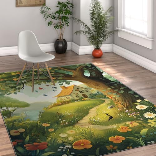 HOBBOY Skurriler Wald Wildblumen Boden Teppich Hütte Garten Baum Dünner Innenteppich Waschbar Tragbar für Wohnen Kinderzimmer Balkon 60 x 90 cm von HOBBOY