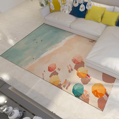 HOBBOY Sommer Ozean Thema Bereich Teppiche Strand Szene Sonnenschirm Lounge Sessel Druck Teppich für Wohnzimmer Badezimmer Eingang rutschfeste dünne Türmatte 100 x 200 cm von HOBBOY