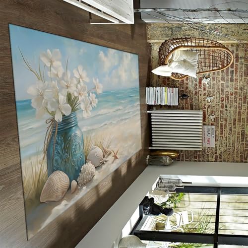HOBBOY Strand Wellen Themenbereich Teppiche Muscheln Seestern Wildes Gras Vintage Vase und weißes Blumenmuster Bodenmatte Rutschfester dünner Teppich 150 x 240 cm von HOBBOY