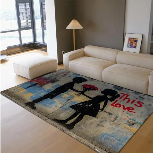 HOBBOY Street Art Paar Teppiche Blumen Graffiti Romantik Liebe Zitat Kunst Teppich für Wohnzimmer Schlafzimmer Nachttisch rutschfeste dünne Bodenmatte 60 x 90 cm von HOBBOY