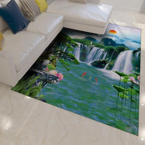 HOBBOY Sunrise View Area Teppiche 50 x 80 cm Orientalisch Ästhetischer Bergwasserfall Weißer Kranich Koi Lotus Print Dünner Teppich für Wohnzimmer Büro von HOBBOY