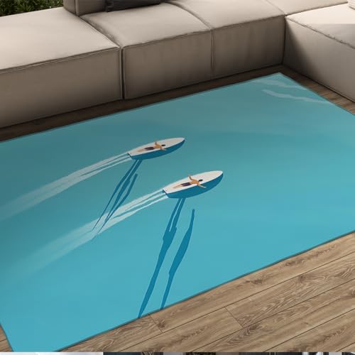 HOBBOY Surfen Thema Blauer Teppich Sommer Küste Stil 2 Surfer auf Brettern Drucken Dünne Waschbare Teppiche Für Wohnzimmer Badezimmer Spielzimmer 140 x 180 cm von HOBBOY