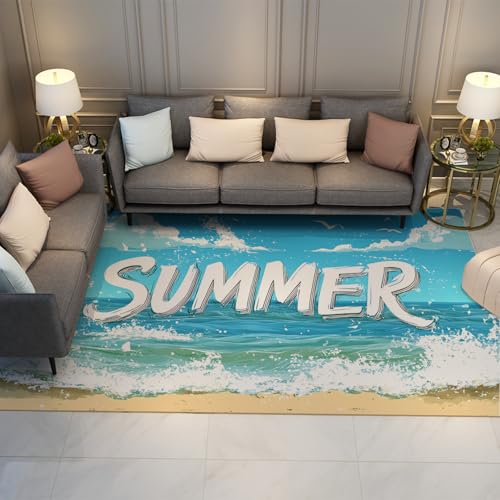 HOBBOY Tropischer Küstenstil dünner Teppich Strand Ozean Wellendruck rutschfeste Teppiche für Wohnzimmer Schlafzimmer Badezimmer Spielzimmer Eingang Waschbar 120 x 180 cm von HOBBOY