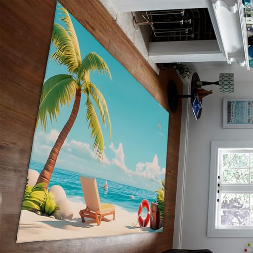 HOBBOY Tropischer Strandbereich Teppiche Küste Palme Muster Teppich für Wohnzimmer Schlafzimmer Sommer Urlaub Stil rutschfeste dünne Bodenmatte 100 x 200 cm von HOBBOY