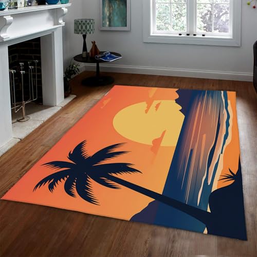 HOBBOY Tropischer Teppich im Sonnenuntergangsstil 180 x 240 cm Strand Palmenblau und Orange Design Waschbare Gemütliche Dünne Fußmatten für Küche Wohnzimmer Villa HOBBOY Tropischer Teppich im Sonnenuntergangsstil 180 x 240 cm Strand Palmenblau und Orange Design Waschbare Gemütliche Dünne Fußmatten für Küche Wohnzimmer Villa von HOBBOY