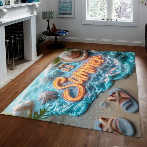 HOBBOY Urlaub Stil Bereich Teppich Tropisch Strand Muscheln Seestern Sonne Hut Hausschuhe Muster Dünne Teppiche für Schlafzimmer Kinderzimmer Spielzimmer 180 x 270 cm von HOBBOY