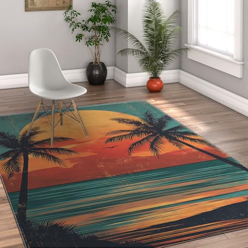 HOBBOY Vacation Style Throw Rug 50 x 80 cm Tropische Palme Gelb und Blau Moonscape Waschbare weiche dünne Fußmatten für entspannenden Raum von HOBBOY