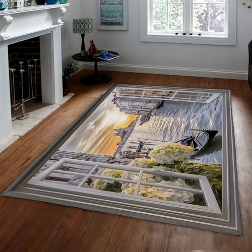 HOBBOY Venice River View Area Teppiche Romantische Hortensien und Boote und Gebäude Fußmatte Dünner Teppich für Wohnzimmer Schlafzimmer Küche 150 x 240 cm von HOBBOY