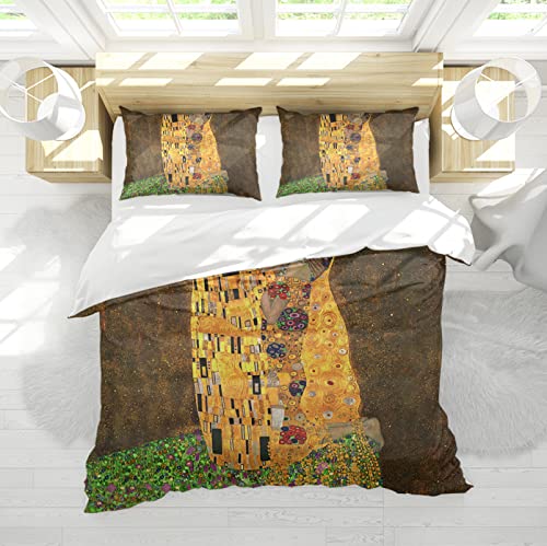 HOBBOY Verliebtes Muster 3-teiliges Bettwäsche-Set Grün & Gold &; Braun Bettbezug mit Reißverschluss 4 Eckbinder 2 Kissenbezüge Keine Laken 155x220 cm von HOBBOY