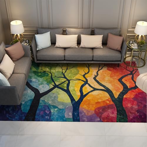 HOBBOY Waschbare Teppiche Aquarellstil Bunte Walddruck Fußmatten Rutschfester dünner Teppich für Schlafzimmer Wohnzimmer Waschküche Eingangsbereich 120 x 150 cm von HOBBOY