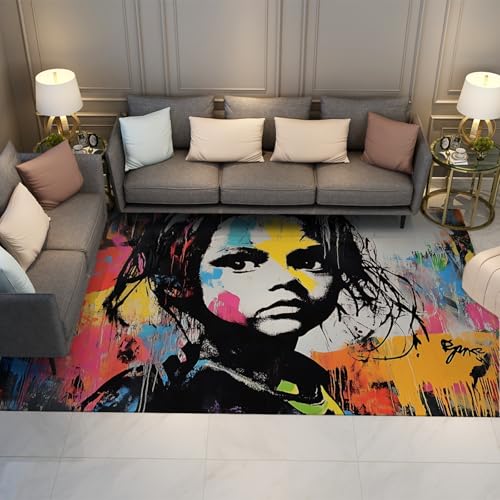 HOBBOY Waschbare Teppiche Niedliches kleines Mädchen Porträt Kunst Moderne Graffiti Stil Großer Teppich für Kinderzimmer Schlafzimmer rutschfeste dünne Bodenmatte 120 x 180 cm von HOBBOY