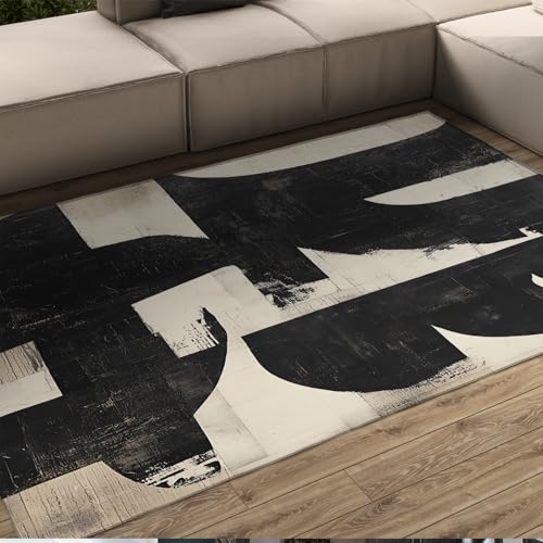 HOBBOY Waschbarer moderner Teppich schwarzer geometrisch gestreifter Bodenteppich für Wohnzimmer Waschküche Schlafzimmer Eingangsbereich rutschfeste dünne Türmatte 80 x 120 cm von HOBBOY