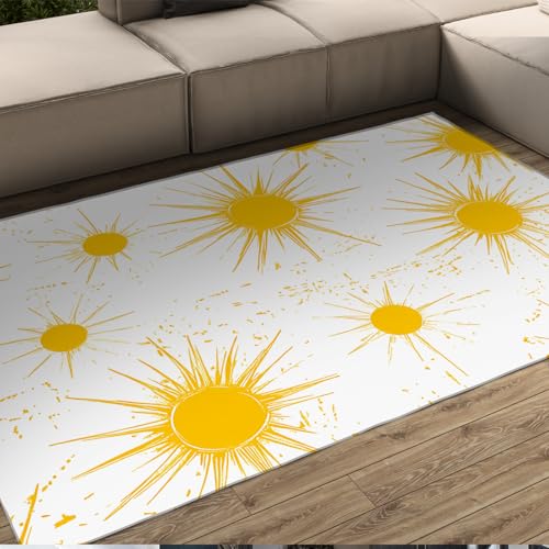 HOBBOY Weiße Teppiche 180 x 210 cm Sunburst Style Gelb Sonnenmuster Throw Teppich Waschbar Weich Low Flor Wohnzimmer Arbeitszimmer Leseecke von HOBBOY