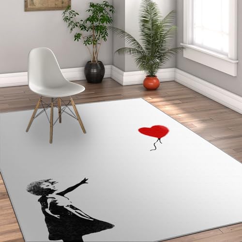HOBBOY Weißer Teppich Moderner Teppich Schwarzer Bodenteppich für Wohnzimmer Schlafzimmer Eingangstür Matte Das Mädchen mit rotem Ballon von Banksy 120 x 160 cm von HOBBOY
