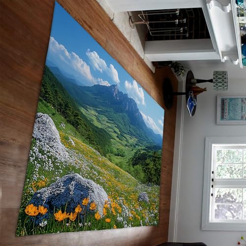 HOBBOY Wildblumen Dünne Fläche Teppich Grün Wiese Berg Wald Landschaft rutschfeste Teppiche für Wohnzimmer Schlafzimmer Natur Stil Wohnkultur 210 x 240 cm von HOBBOY