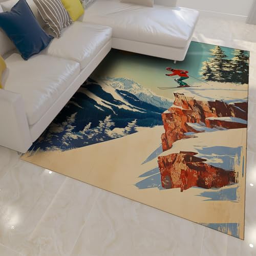 HOBBOY Winter Ski Thema Teppiche 160 x 220 cm Berg und Schlucht Schnee Landschaft Throw Teppich Waschbar Weich niedrig Flor Wohnzimmer Schlafzimmer Klassenzimmer von HOBBOY