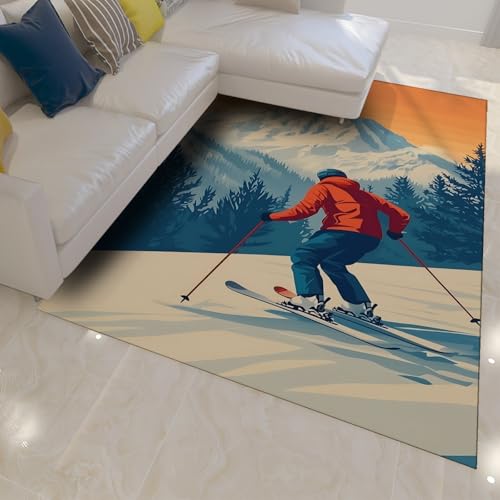 HOBBOY Wintersport Thementeppiche 60 x 100 cm Schnee Berg Skifahren Landschaft Decke Waschbar Weich Flachflor Wohnzimmer Schlafzimmer Klassenzimmer von HOBBOY