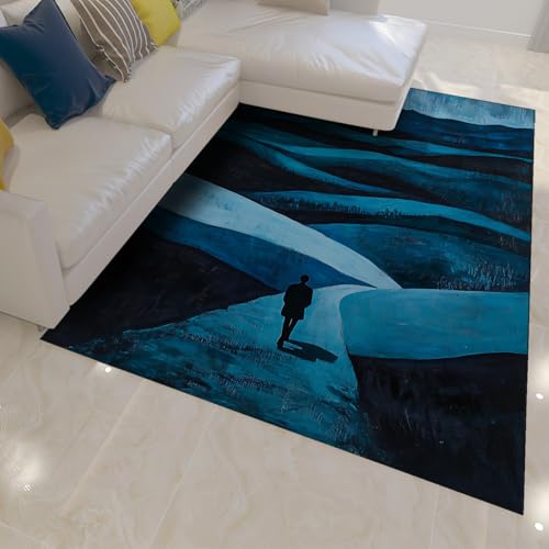 HOBBOY dunkelblaue Teppiche abstrakte Landschaft und Figur Silhouette Muster weicher dünner Teppich für Wohnzimmer Schlafzimmer Studio Büro Eingang 100 x 150 cm von HOBBOY