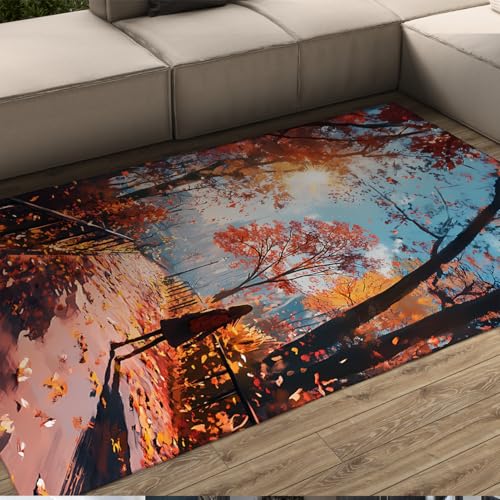Herbst Bereich Teppich 80 x 150 cm Street Art Stil Wald Pfad Junges Mädchen Druck Niedrige Flor Fußmatten für Wohnzimmer Schlafzimmer Balkon Waschbar Tragbar von HOBBOY