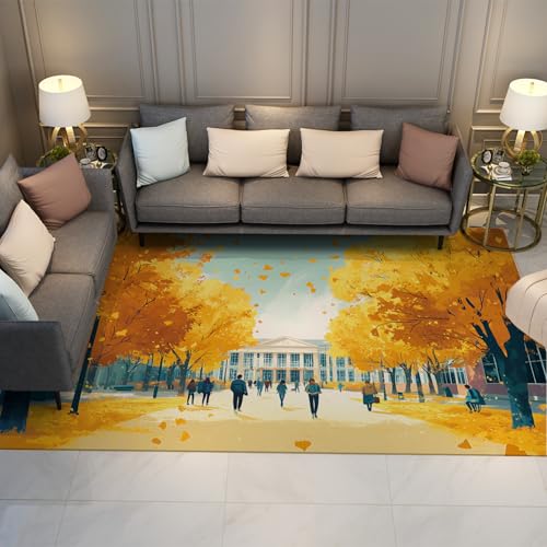 Herbst Campus Szene Bereich Teppiche Gelbe Bäume & Schulgebäude Druck Niederflor Teppich für Wohnzimmer Klassenzimmer Eingang Waschbar 150 x 210 cm von HOBBOY