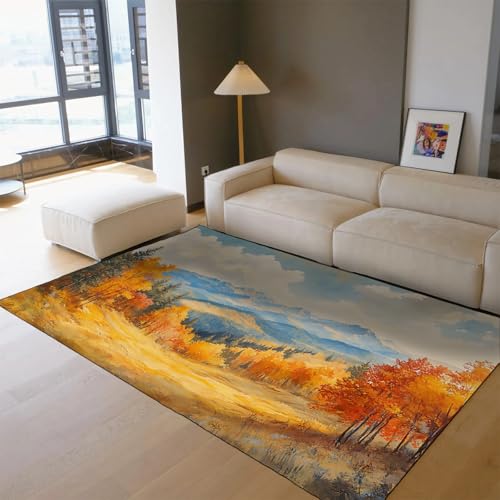 Herbst Landschaft Bereich Teppich 150 x 240 cm Impressionist Ölgemälde Stil Herbst Berg Wald Druck Dünner Teppich für Schlafzimmer Wohnzimmer von HOBBOY