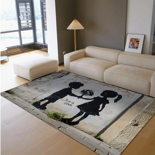 Hip Hop Stil Bereich Teppiche Romantische Liebe Silhouette Junge Mädchen mit Blumen Dünner Teppich für Wohnzimmer Schlafzimmer Street Art Wohnkultur 90 x 150 cm von HOBBOY