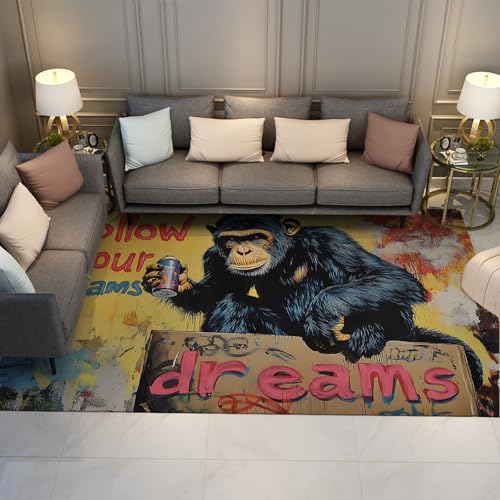 Hippie-Stil Graffiti Teppiche Folgen Sie Ihren Träumen Schwarzer AFFE Print Dünner Teppich für Wohnzimmer Schlafsaal Inspirierende Zitate Wohnkultur 180 x 210 cm von HOBBOY