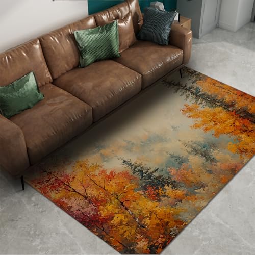 Impressionistischer Stil Area Teppich 50 x 80 cm Herbst neblige Waldlandschaft waschbar gemütliche dünne Fußmatten für Wohnzimmer Schlafzimmer Eingangsbereich von HOBBOY
