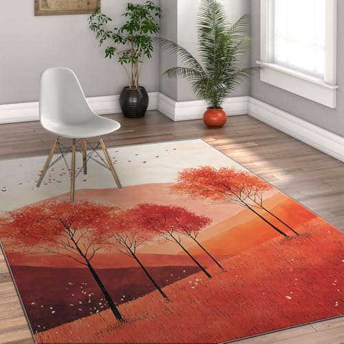 Indoor Outdoor Bereich Teppiche 180 x 240 cm Herbst Landschaft Rote Wiese Bäume Muster Niederflor Teppich Waschbar für Wohnzimmer Schlafzimmer Büro Eingang von HOBBOY