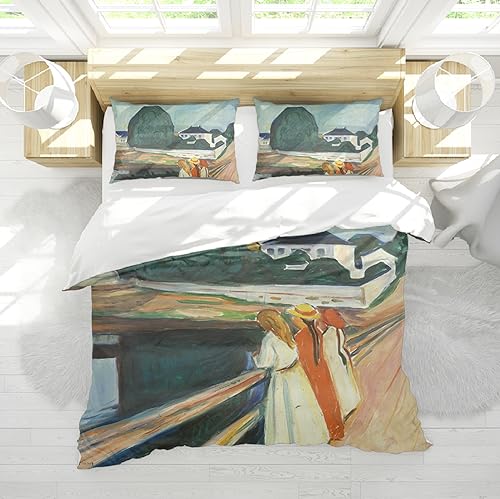 Klassische Bettwäsche-Sets 3-teiliger Warmer Bettbezug mit Reißverschluss 2 Kissenbezüge Edvard Munch Art Bettdeckenbezug Die Mädchen auf der Brücke 135x200 cm von HOBBOY