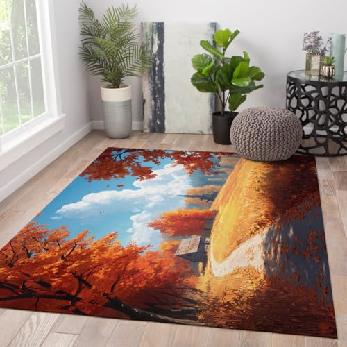 Land Bauernhaus Bereich Teppich 140 x 200 cm Herbst Bäume Ackerland Landschaft Niedrigflor Fußmatten für Wohnzimmer Schlafzimmer Eingang Waschbar Tragbar von HOBBOY