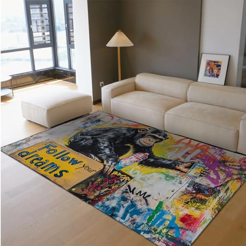 Lustige Tiere Graffiti Teppiche Folgen Sie Ihren Träumen Schwarzer AFFE Print Dünner Teppich für Wohnzimmer Schlafzimmer Büro Street Art Wohnkultur 210 x 240 cm von HOBBOY
