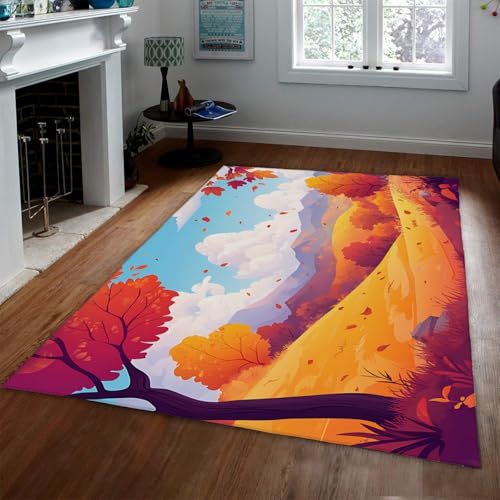 Nordic Style Area Teppich 120 x 160 cm Flauschige Wolken Herbst Berg Wald Landschaft Druck Dünner Boden Teppich für Kinderzimmer Lesezimmer von HOBBOY