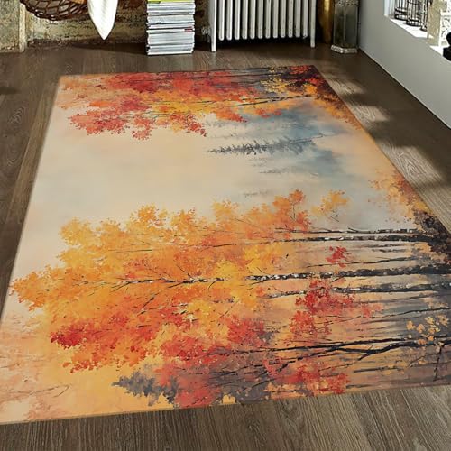 Ölgemälde Stil Bereich Teppich 50 x 80 cm Herbst Birke Wald Landschaft Abwaschbar Gemütliche Dünne Fußmatten für Wohnzimmer Schlafzimmer Eingangsbereich von HOBBOY