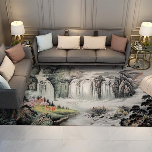 Orientalische ästhetische Teppiche 120 x 180 cm - Chinesische Landschaft Wasserfall und Sika Hirsch Muster Dünner Teppich für Wohnzimmer Arbeitszimmer Bibliothek von HOBBOY