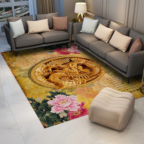 Orientalischer Stil Bereich Teppiche 160 x 220 cm - Chinesischer Drache Pfingstrose Blumen Design Niederflor Teppich waschbar für Wohnzimmer Schlafzimmer Vintage Home Decor von HOBBOY