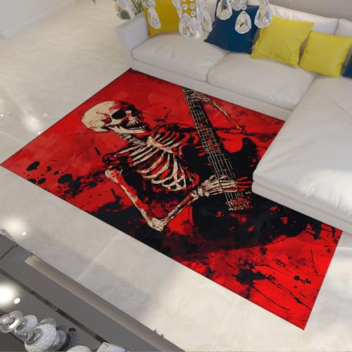 Rote und Schwarze Graffiti Bereich Teppiche Hip Hop Stil Musik Thema Gothic Skelett & Gitarre Muster Dünner Teppich für Wohnzimmer Eingangsbereich 150 x 210 cm von HOBBOY