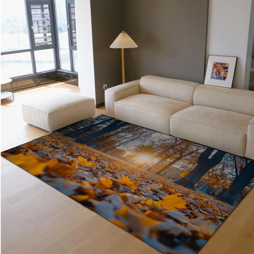 Sunset Area Teppiche Herbst Wald Gemütlicher Sonnenschein Gefallenes Blatt Muster Dünner Boden Teppich für Wohnzimmer Schlafzimmer Küche Eingang 140 x 180 cm von HOBBOY