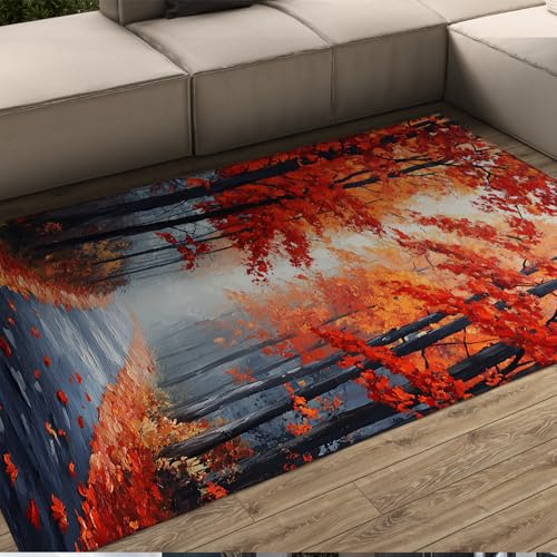 Wurfteppich im nordischen Stil 100 x 150 cm Herbst nebliger Wald roter Ahorn gefallene Blätter Trail Print dünner Teppich zum Lesen Arbeitszimmer Nachttisch Eingang Wurfteppich im nordischen Stil 100 x 150 cm Herbst nebliger Wald roter Ahorn gefallene Blätter Trail Print dünner Teppich zum Lesen Arbeitszimmer Nachttisch Eingang von HOBBOY