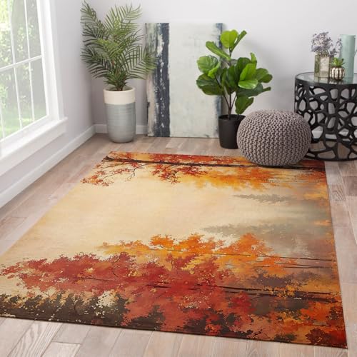 nebliger Waldteppich 160 x 230 cm Herbst gelbe und rote Bäume Landschaft waschbar gemütliche dünne Fußmatten für Wohnzimmer Schlafzimmer faltbar von HOBBOY
