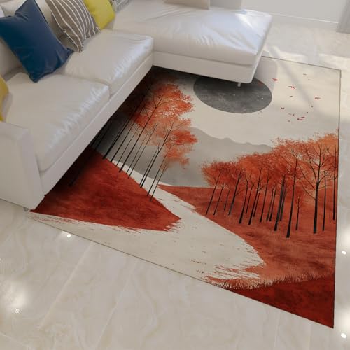rutschfeste Teppiche 120 x 170 cm Herbst Wald Roter Baum Pfad Muster Niederflor Teppich Waschbar für Wohnzimmer Schlafzimmer Büro Eingang von HOBBOY