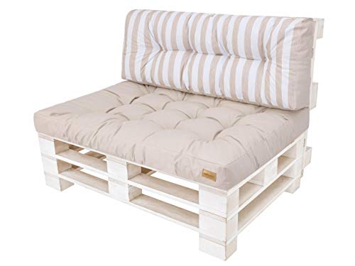 HOBBYGARDEN Palettenkissen Set (Sitzkissen 120x80 cm und Rückkissen 120x40 cm) Palettenauflagen Palettensofa Palettenpolster Outdoor - Ecru mit Streifen von HOBBYGARDEN